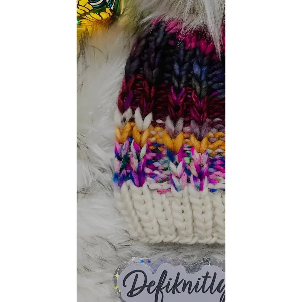 Handmade Neon Merino Wool Beanie: Colorful Winter Hat with Faux Fur Pom